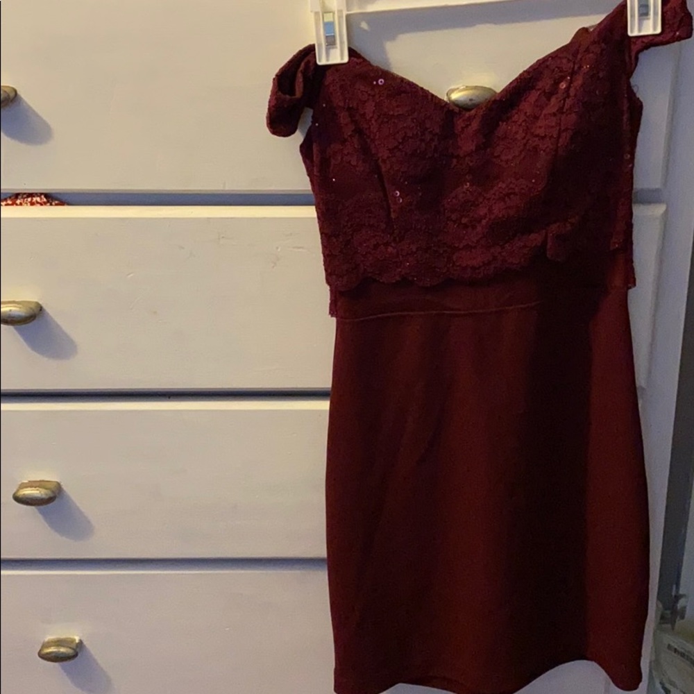 A maroon mini dress.